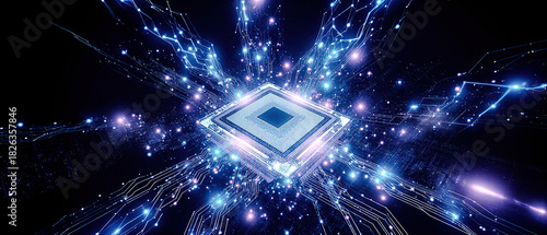 Abstract technology background of a quantum computing system with processor and electronic circuit.