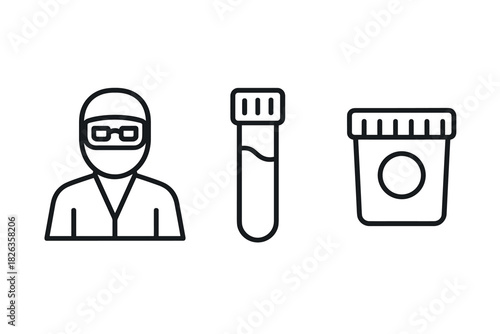 Healthcare linear icons: lab technician, test tube, sample container