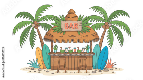 Tropical beach bar hut with palm trees and surfboards isolated on