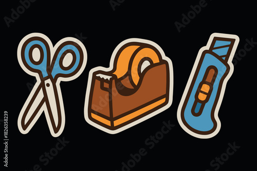 Bright bold stickers of office supplies: scissors, tape dispenser, and box cutter