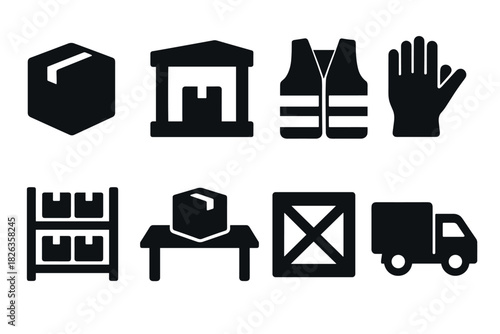 Warehouse logistics icons set: flat silhouette design for delivery and storage