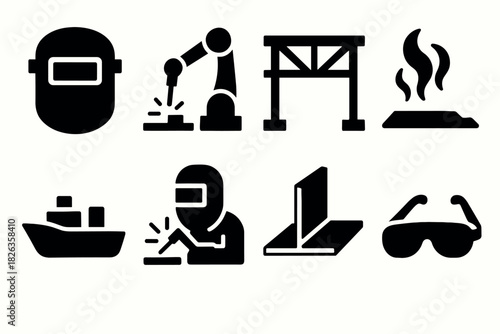 Industrial icons set featuring welding, automation, and safety equipment