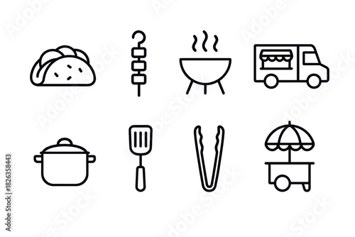 Food and cooking icons: taco, kebab, grill, food truck, cooking pot, utensils, street cart