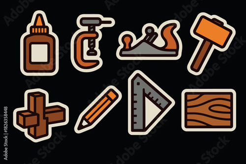 Carpentry tools collection: glue, clamp, plane, hammer, square, pencil, wood icon set