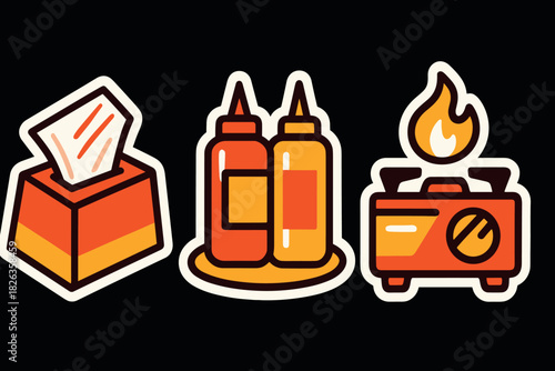 Bold food station icons featuring ketchup, mustard, tissue, toaster in retro style