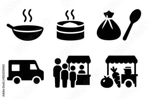 Silhouette icons of street food: dimsum, market stalls, and cooking essentials