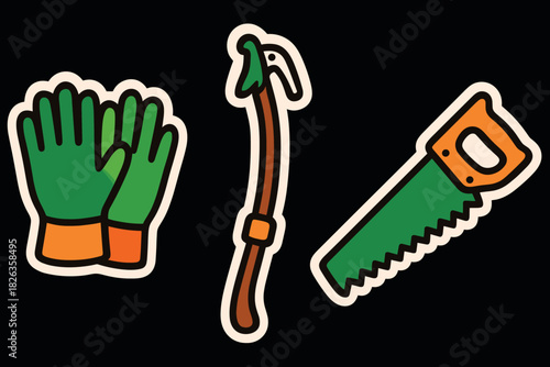 Vibrant garden tools: gloves, pruning shear, and saw on black background