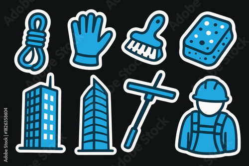 Cleaning and construction icons: tools, equipment, and safety in blue sticker style
