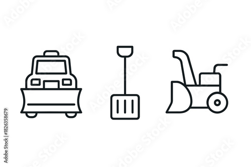 Winter equipment icons: snowplow truck, shovel, snow blower in minimalist line art style