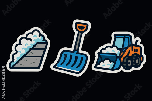 Winter clean-up tools: path, shovel, and snowplow icon set