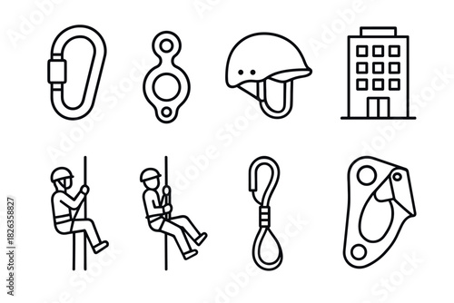 Climbing gear and equipment icons: line art of hooks, helmets, and rappelling figures