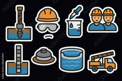 Colorful flat icons of construction and industry equipment on black background