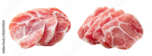 Set of fresh raw meat cuts, sliced pork collar, isolated on transparent background. Fresh meat for cooking, food preparation, and advertisement.