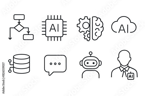 Linear ai and technology icons featuring brain, cloud, and robotics concepts