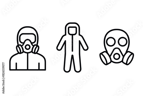 Set of linear icons: gas mask and hazmat suit symbols for safety and protection