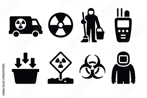 Nuclear safety icons: protective gear, hazmat suit, hazard warning signs