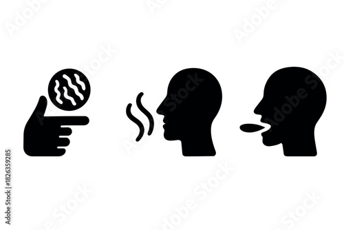 Minimalist icons depicting a sequence of smelling, breathing, and tasting