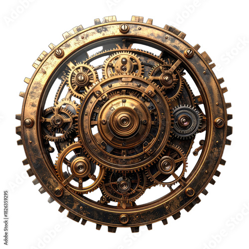 Intricate, aged brass clockwork mechanism gears against a black background.
