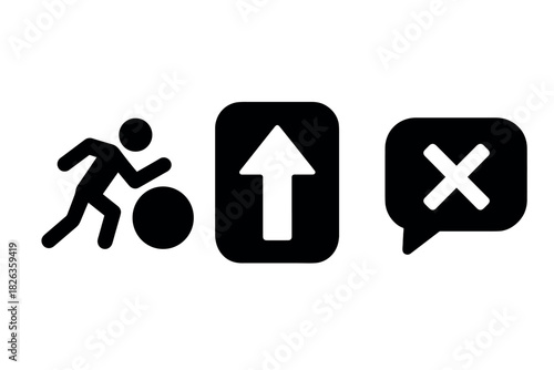 Minimalist icons of effort, progress, and rejection in bold black silhouettes
