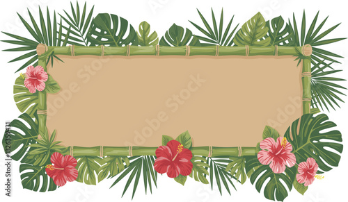 Tropical floral bamboo frame with vibrant green leaves and hibiscus flowers, blank banner background for summer themes, exotic decorative border design