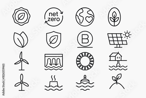Eco-friendly line icons: renewable energy, sustainability, and climate solutions