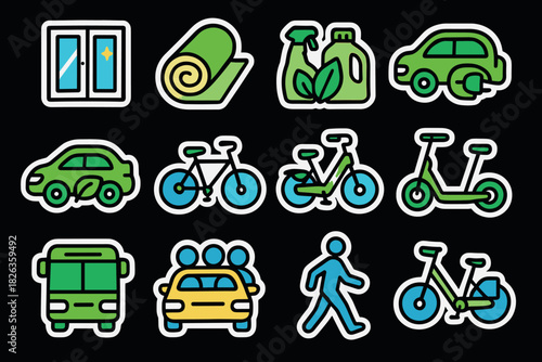 Eco-friendly transportation and cleaning icons set: urban green lifestyle