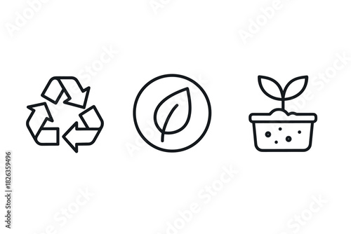 Eco-friendly icons set featuring recycle, leaf, and seedling symbols in minimalist design