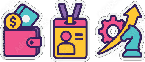 Colorful business icons: wallet, id badge, and growth strategy in flat design