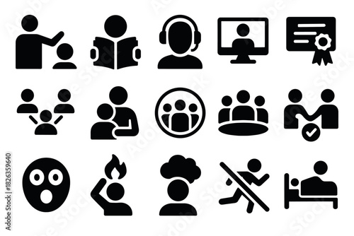 Silhouette education and communication icons for online learning and collaboration