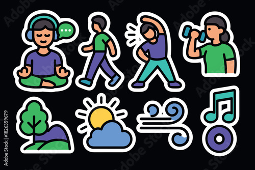 Healthy lifestyle icons: fitness, meditation, nature, and wellness symbols