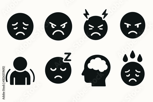 Monochrome emotion icons: angry, sad, sleepy, stressed faces and more
