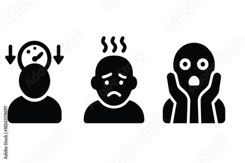 Emotional icons: content, stressed, and shocked faces