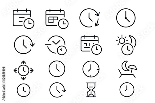 Outline icons of time management: clocks, calendars, and hourglasses for efficient planning