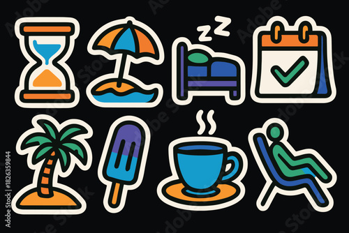 Colorful summer icons: beach, relaxation, and leisure elements on black background