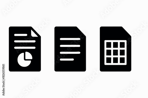 Silhouette icons of document types: chart, text, and spreadsheet formats