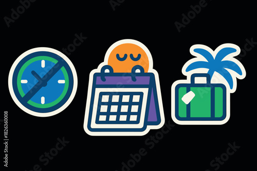 Vacation concept icons: flat design clock, calendar, suitcase, and palm tree on dark background