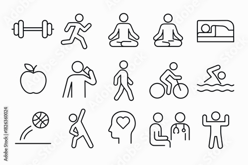Fitness and wellness icons: exercise, yoga, and healthy lifestyle in linear design