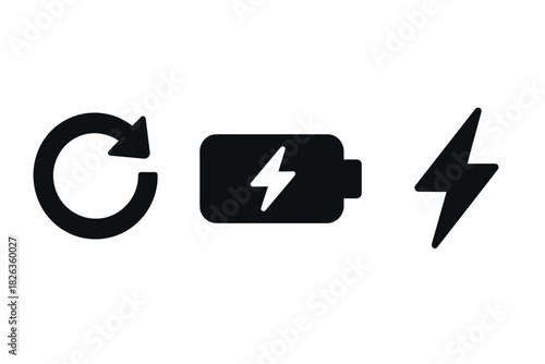 Set of black battery and energy icons with charging symbol