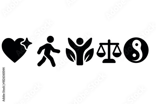 Set of black icons representing wellness, exercise, balance and harmony symbols