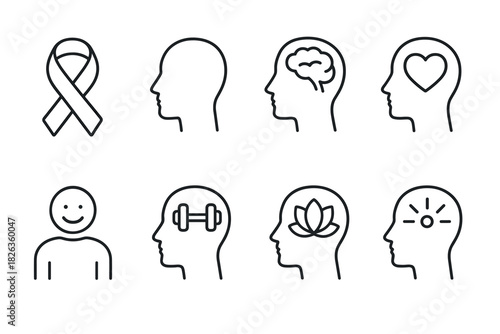 Mental health icons: wellness, brain, mindfulness, and fitness line art