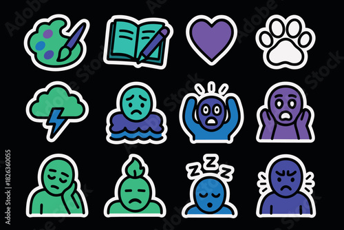 Colorful sticker sheet of emotions and hobbies in bold outline style