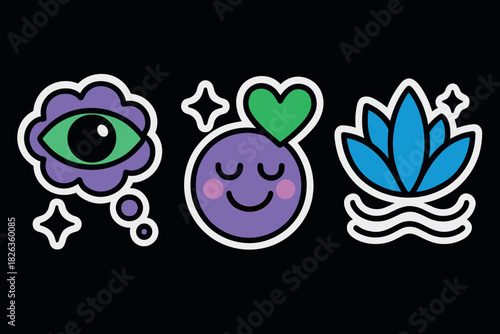 Colorful emoji sticker set with dreamy symbols and playful designs