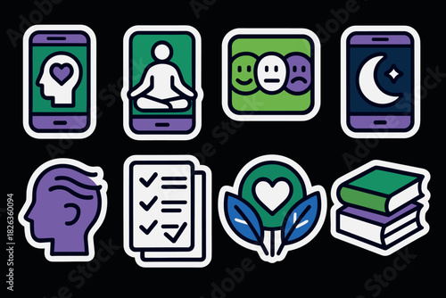 Colorful mental health and mindfulness icons in modern sticker style