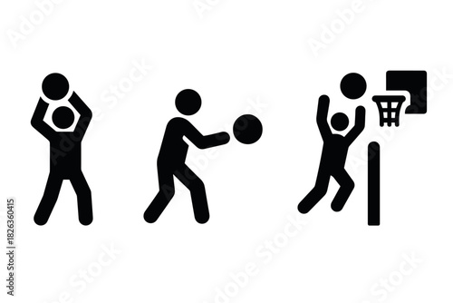 Simplified basketball icons depicting game actions in silhouette style