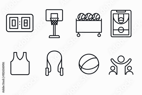 Basketball essentials: outline icons of court, hoop, and equipment