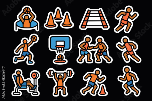 Basketball training icons set with equipment and exercises in bold outline art