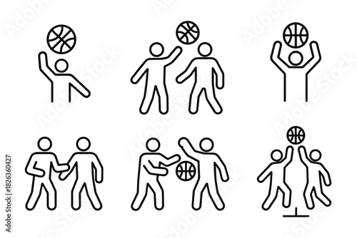Basketball player actions icons set in minimalist style