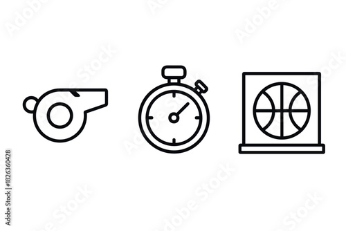 Minimalist sports icons: whistle, stopwatch, basketball in linear style