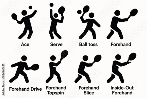 Tennis player actions silhouette icons for sports infographics and guides