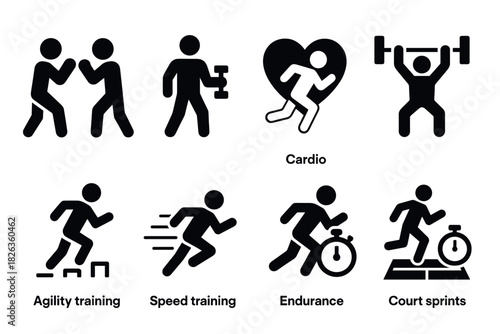 Silhouette icons of fitness activities: cardio, agility, speed, endurance, strength
